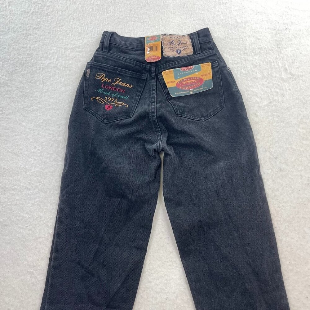 NWT Deadstock Vintage Pepe Jeans Black Denim Embroidered Jeans Size 1/2 - Picture 3 of 8